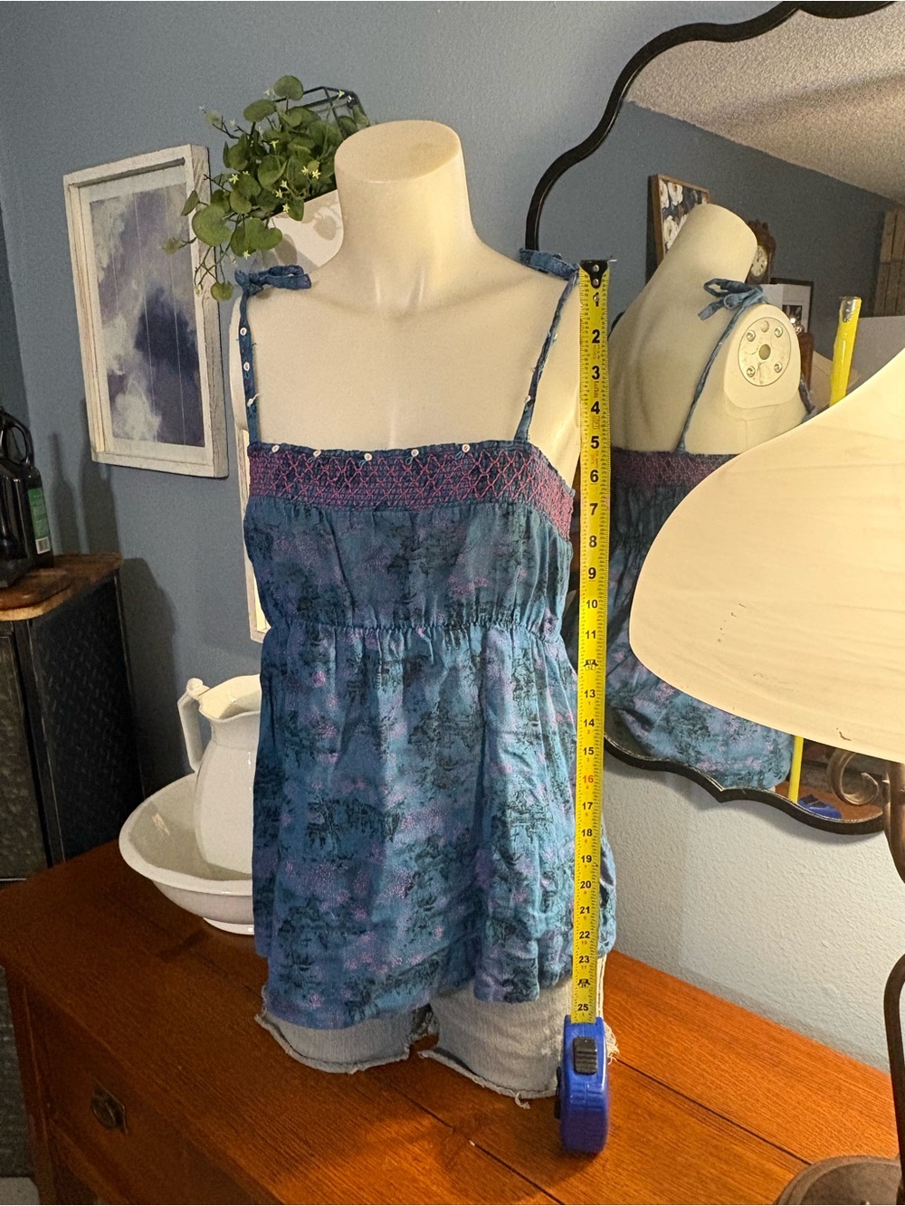 Free People Blue Tie-Strap Smocked Bust Tank with Purple Trim